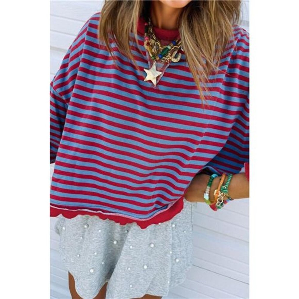 Stripe Exposed Seam Contrast Ribbed‎ Trim Oversize Sweatshirt